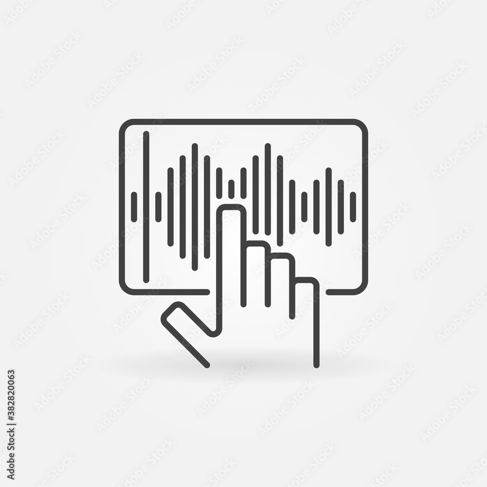 Poster tablet with sound wave outline icon. speech recognition or sound editing vector linear concept sign