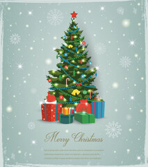 Christmas tree with decorations and gift boxes. Holiday background. Merry Christmas and Happy New Year. Vector