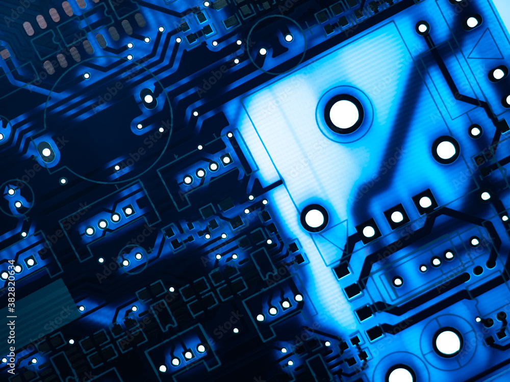 Poster pcb concept. abstract printed circuit board. bright electronic background. computer components. clos