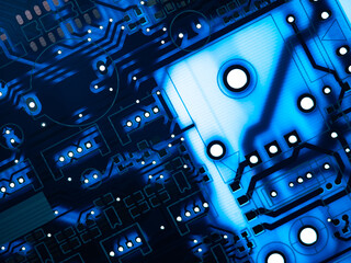 PCB concept. Abstract printed circuit Board. Bright electronic background. Computer components. Close-up of a printed circuit Board fragment.