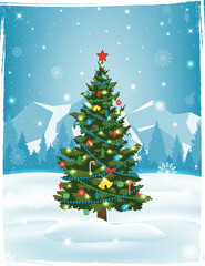 Christmas tree with decorations and gift boxes. Holiday background. Merry Christmas and Happy New Year. Vector