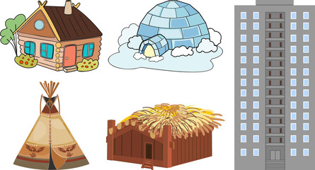 Set of different buildings and traditional dwellings isolated on white background © Kazakova Maryia
