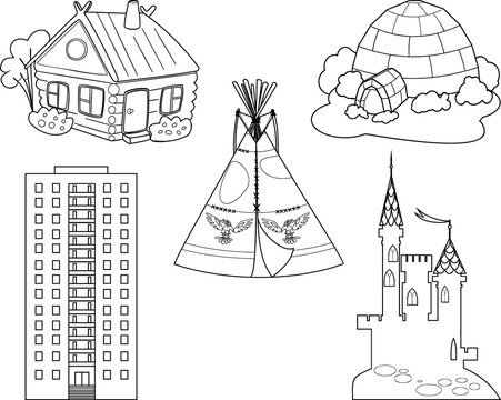 Coloring page with set of different buildings and traditional dwellings isolated on white background