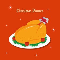 Christmas dinner, roasted chicken on a plate illustration