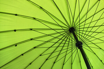Looking up into an opened green umbrella showing black ribs and pole