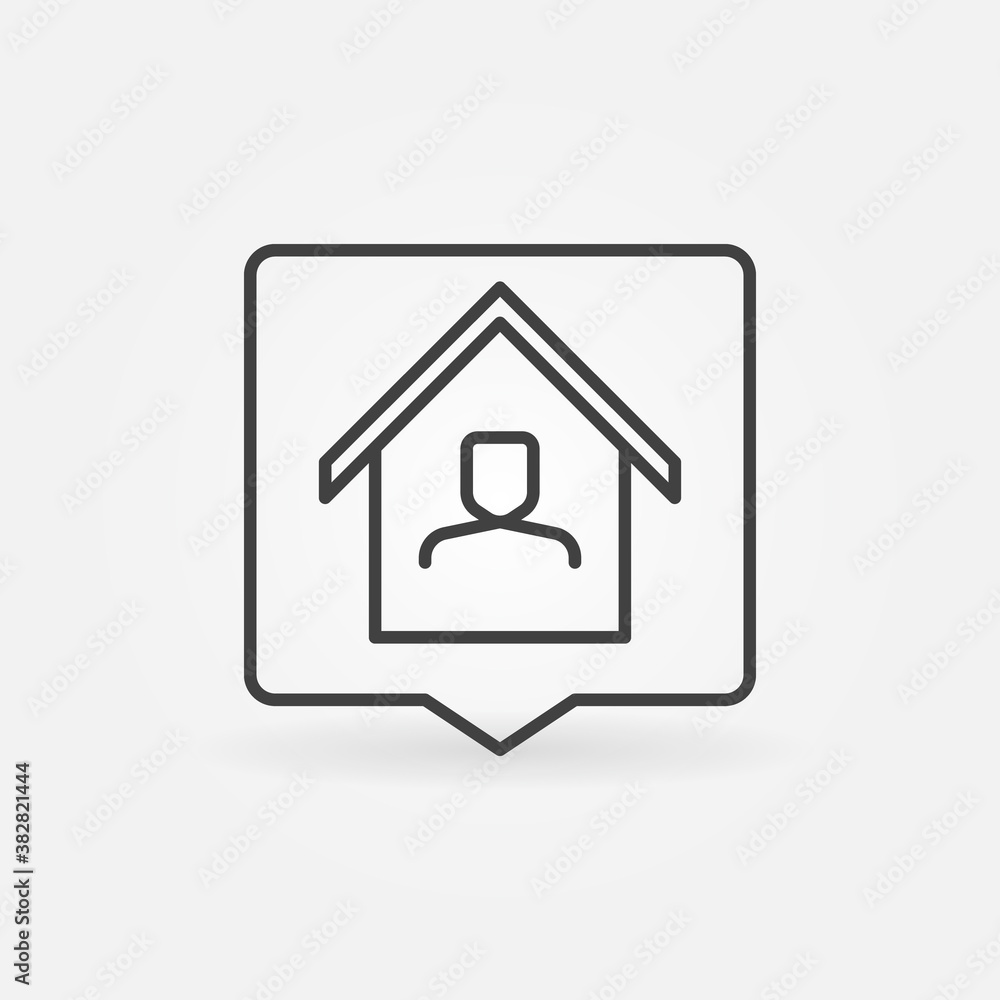 Poster square speech bubble with man in house line icon. vector working from home concept sign in outline s