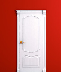 Door wooden white house interior detail on the red wall model. 3d illustration.