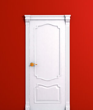 Door Wooden White House Interior Detail On The Red Wall Model. 3d Illustration.