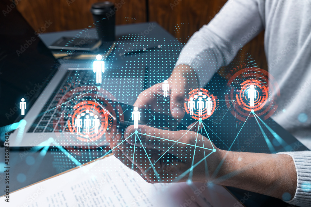 Poster man using phone. hands typing smartphone. double exposure with social media and globe hologram. clos