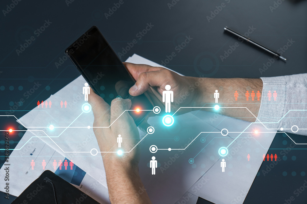 Poster man using phone. hands typing smartphone. double exposure with social network hologram. close up. in