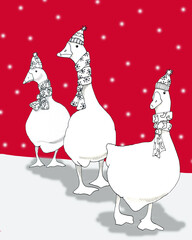 On our way home for Christmas, illustration, handdrawn funny geese all dressed up for Christmas