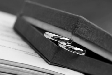 Golden rings on a velvet box, black and white