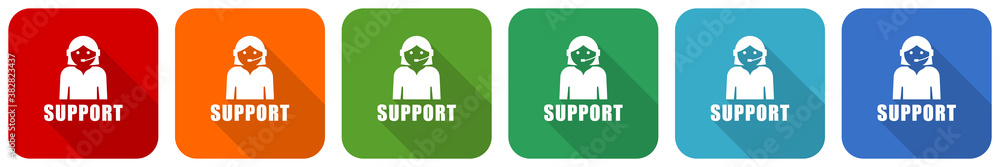 Fototapete support icon set, flat design vector illustration in 6 colors options for webdesign and mobile appli
