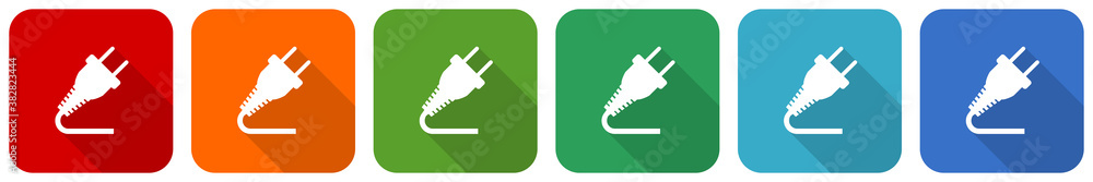 Poster Plug icon set, flat design vector illustration in 6 colors options for webdesign and mobile applications