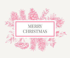 Christmas Poster - Illustration. Lettering Vector illustration of Christmas Frame with branches of christmas tree.