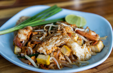 Close-up of Fried Thai Noodle with Shrimp or Pad Thai Goong Sod. That popular food for foreigner tourists. No focus, specifically.
