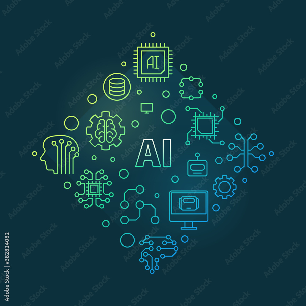 Poster ai or artificial intelligence vector concept colorful linear illustration on dark background