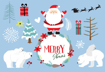 Cute Christmas object collection with santa claus,christmas tree, polar bear, snowflake