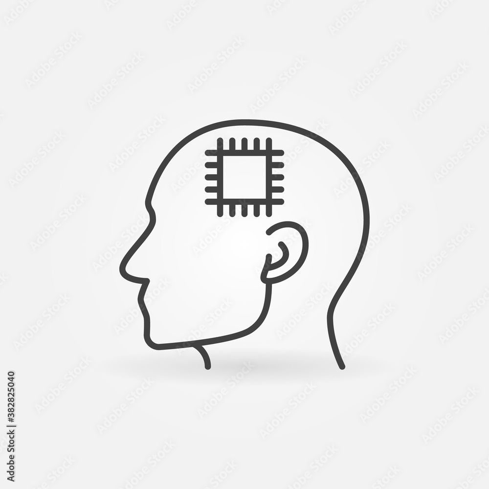 Aufkleber head with chip or processor line icon. cyborg or robot vector concept sign in outline style