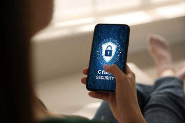 Cyber security concept. Woman using application on phone, closeup