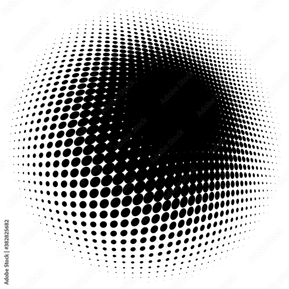 Poster spherical distortion halftone dots element. orb, ball deform on bulge, bump speckles, polka-dots and