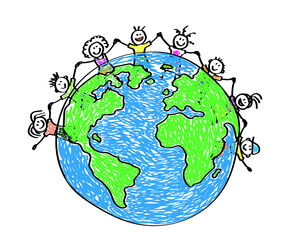 Children and planet Earth on a white background. Cartoon. Vector illustration.