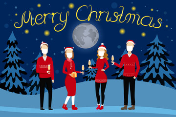 Christmas card. Friends in face masks drinking champagne in night forest. Vector illustration.