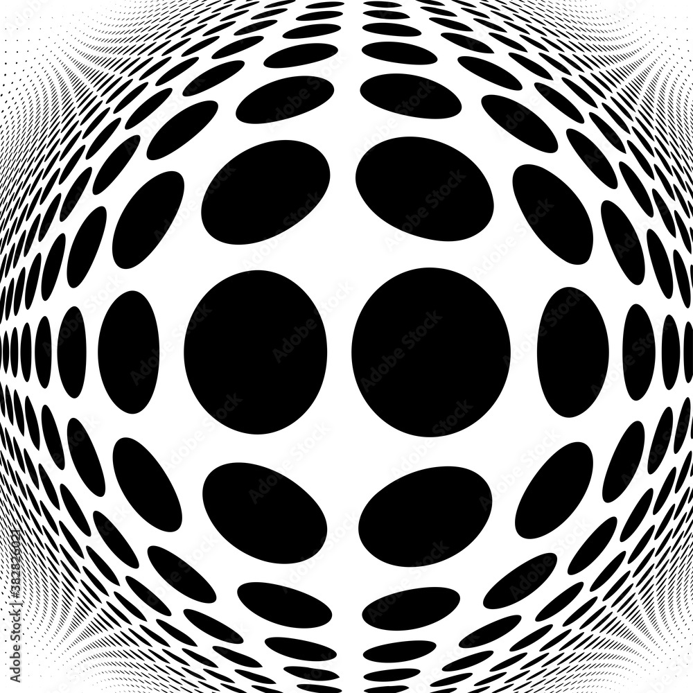 Poster spherical distortion halftone dots element. orb, ball deform on bulge, bump speckles, polka-dots and