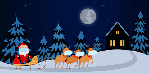 Santa Claus in face mask carrying gifts on reindeer sleigh. Cartoon. Vector illustration.