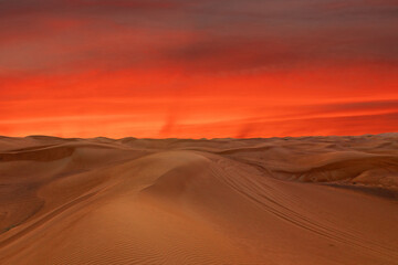 Fototapeta na wymiar Red sunset landscape view on sand desert, Dubai, UAE