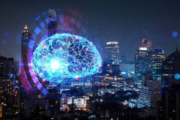 Human brain hologram, aerial panoramic city view of Bangkok at night. Educational cluster in Asia. The concept of artificial intelligence. Double exposure.