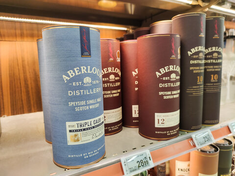 La Rochelle, France - October 3, 2020:Supermarket shelves filled with many different types of Aberlour brand Whiskey.