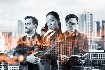 Group of business colleagues in suits as a part of multinational corporate team working on forecasting trading corporate strategy at fund. Forex chart. Kuala Lumpur on background. Double exposure