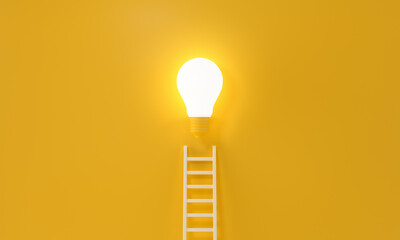 Ladder reaches up to a lit light bulb representing an Idea, creativity, invention concept. 3d rendering. - obrazy, fototapety, plakaty