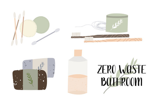 Zero waste bathroom, reusable products. Eco friendly lifestyle. Bamboo toothbrush and ear stick, homemade soap and scrub. Care for the environment. Vector flat cartoon illustration