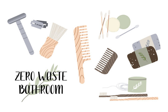 Zero waste bathroom, reusable products. Eco friendly lifestyle. Bamboo toothbrush and ear stick, reusable razor, comb, homemade soap. Care for the environment. Vector flat cartoon illustration