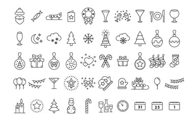 Set of Christmas icons. Thin line. Collection of winter icons. Happy New Year.