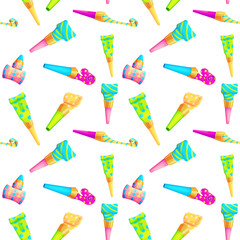 Birthday party whistle seamless pattern. Isolated clown blower. 3d blowout vector illustration. Carnival popper object. Plastic roll buzzer.