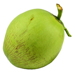 The green young coconut is completely separated from the white background.