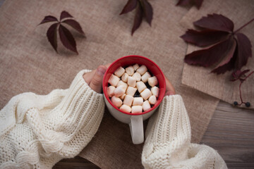 coffee mug with marshmallow in hand on a craft background with red leaves
