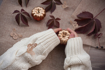 Golden pumpkin in hands on a craft background in red leaves. Autumn photo in warm colors