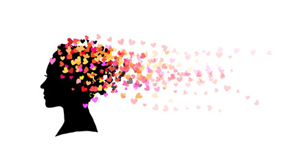 Silhouette of face of girl with hair made of colourful hearts. Illustration isolated on white background. 