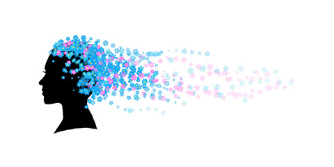 Plakat Silhouette of head of girl with hairstyle made of small forget-me-not flowers. Black, blue and pink illustration isolated on white background.