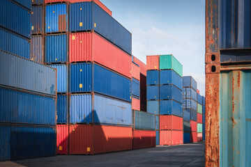 Stack of Containers Cargo Ship Import/Export in Harbor Port, Cargo Freight Shipping of Container...