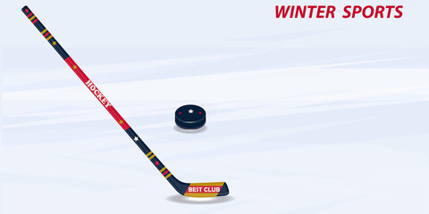 Hockey stick and puck - abstract background - illustration, vector. Winter sports.
