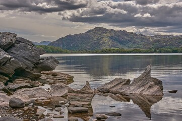 Panoramic view of the Lough Leane at the Ring of Kerry in Ireland. Panoramic mountain lake in Ireland.
