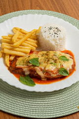 Parmegiana, Filet Parmegiana, with rice and chips