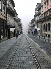 tram rails in foggy Porto