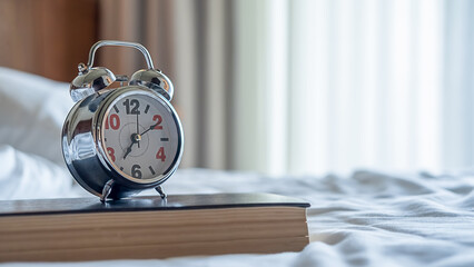 Alarm clock on book on white bedding sheets in bedroom. Morning lifestyle concept.