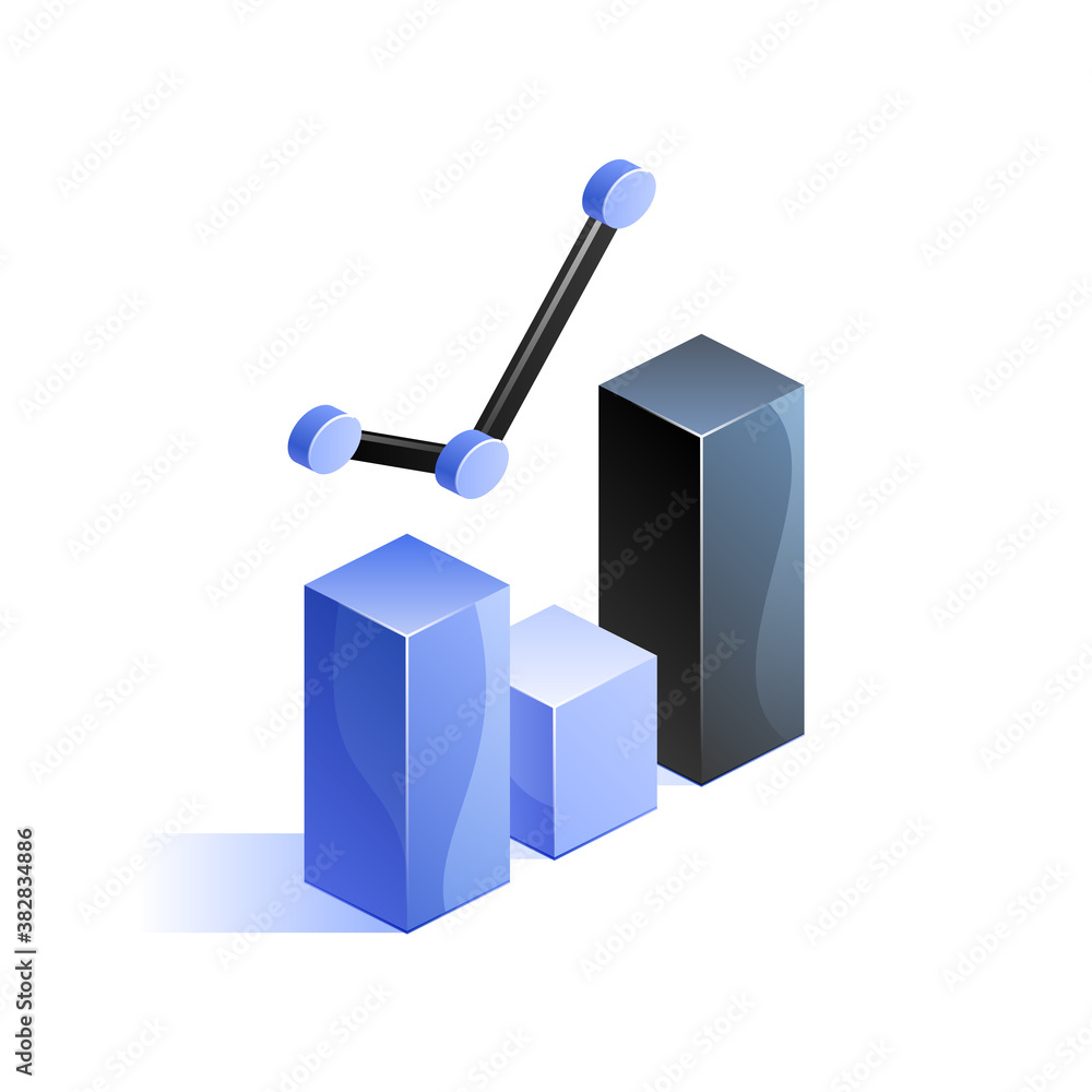 Poster blue bar graph with line chart icon in isometric view